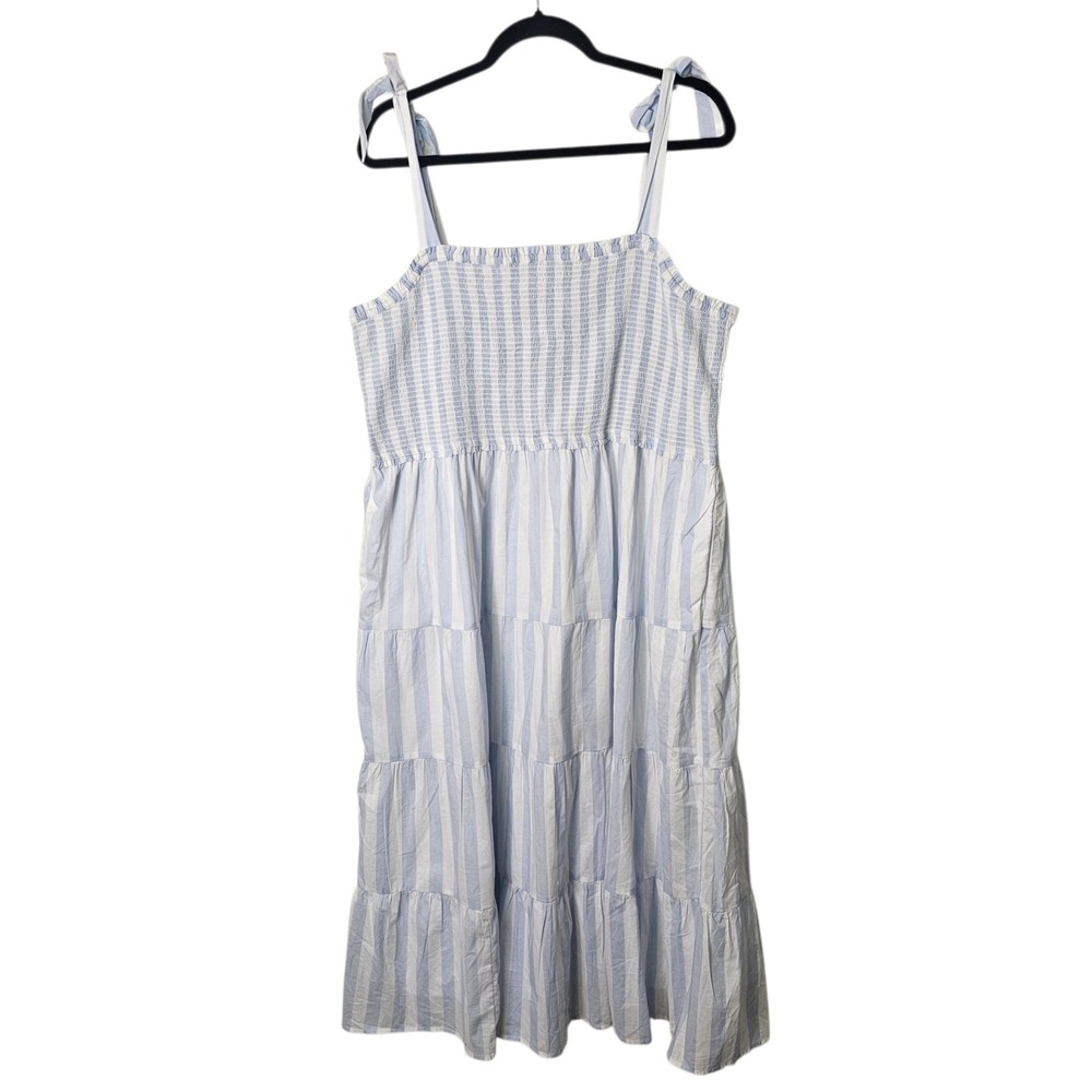 J Crew‎ XXL White Blue Stripe Tiered Cotton Maxi Dress Smocked Bodice Cottage